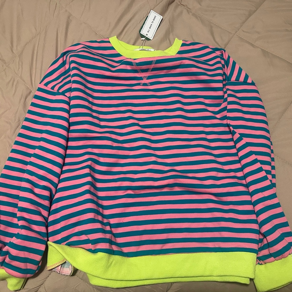 UE Pink and Teal Striped Top with Neon Green Trim